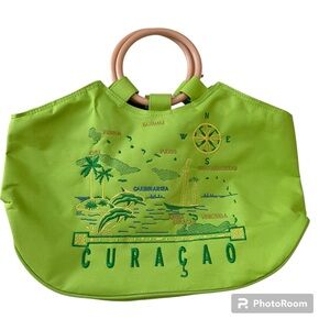 Green Curaçao Caribbean Canvas Handbag Small Tote with Faux Bamboo Handles
